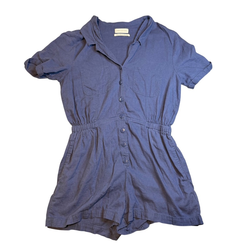 Urban Outfitters Blue Linen Blend Button Front Utility Romper Med Short Sleeve